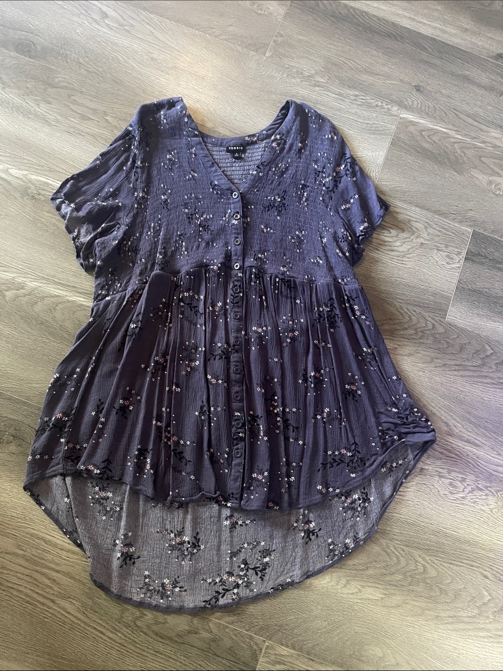 torrid navy purple floral smocked yoke top